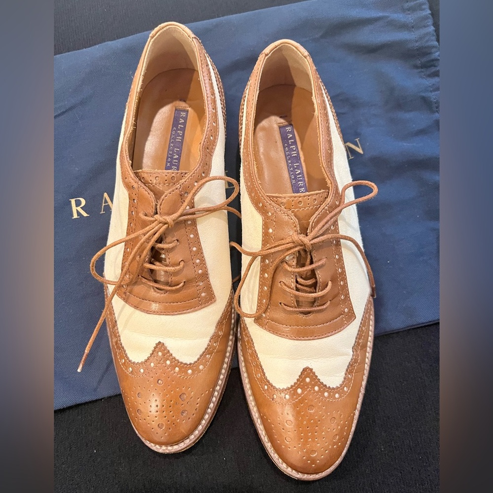 Ralph Lauren Purple Label Tan and Cream Oxford Shoes - Picture 3 of 5